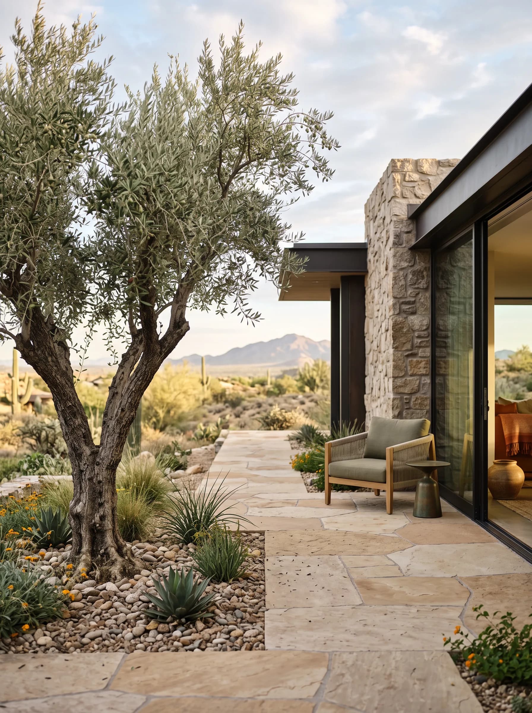 A mature olive tree beside a modern Arizona desert home