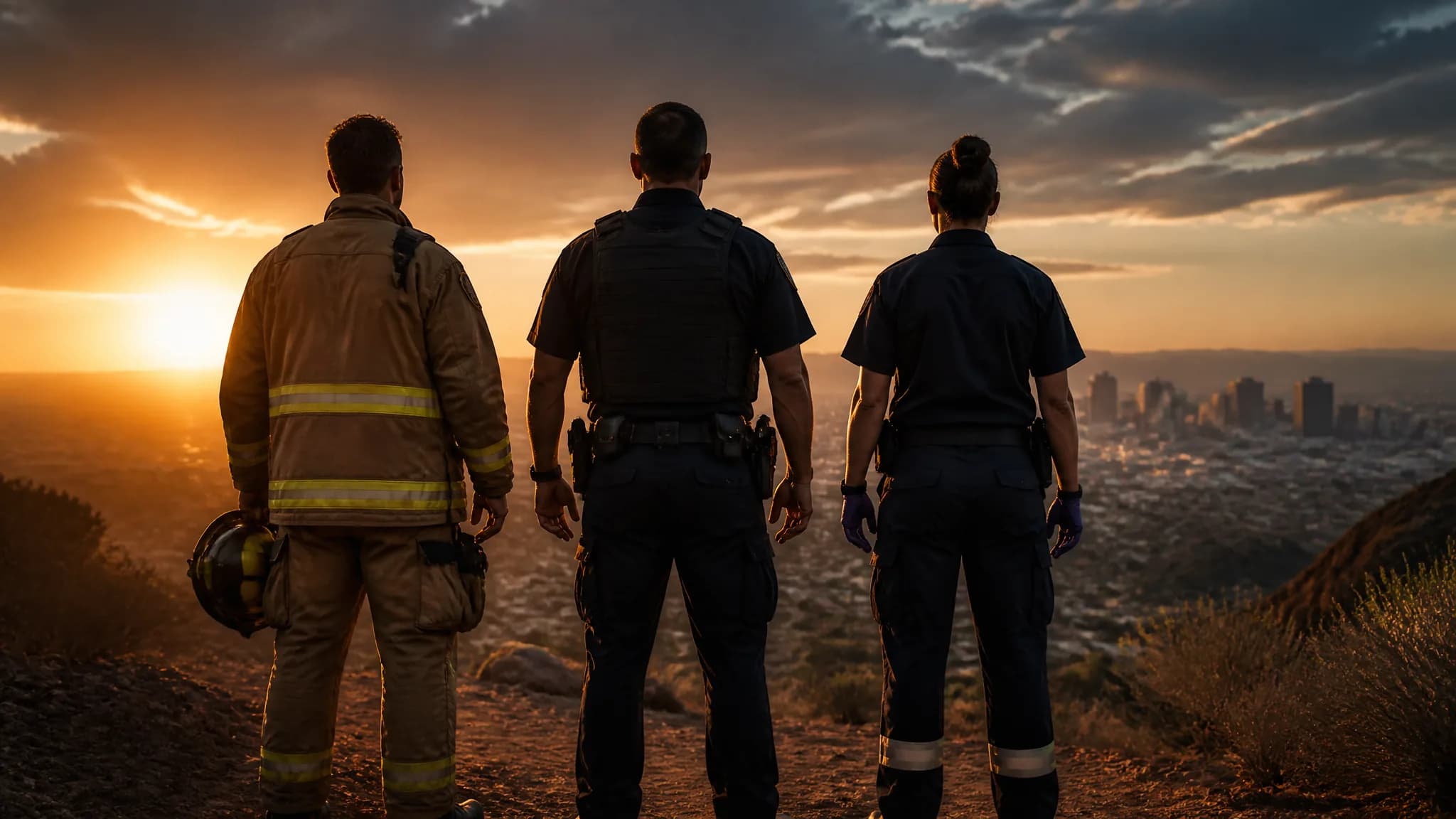 Firefighter, police officer, and paramedic overlooking Phoenix at sunset