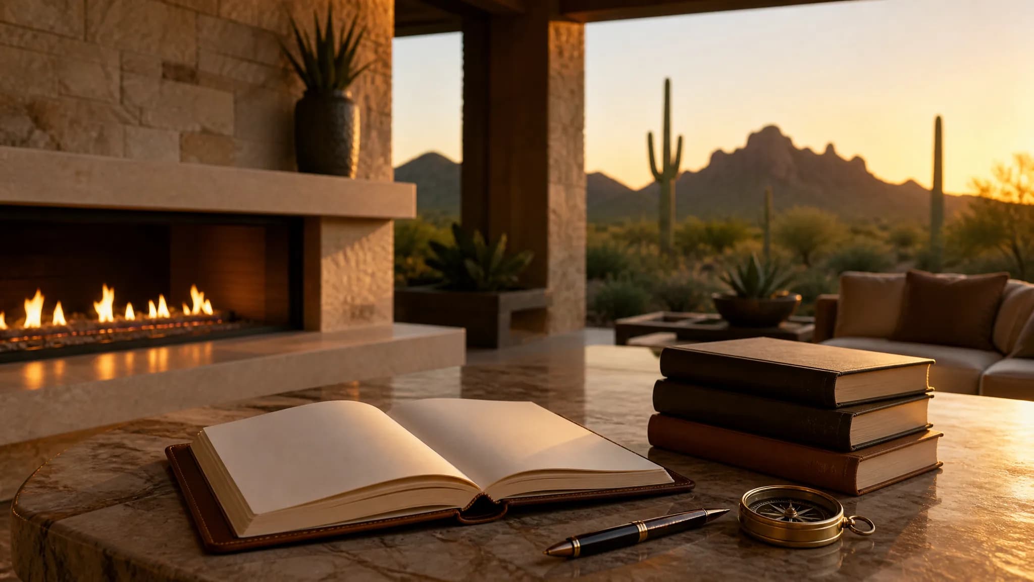 A luxury Arizona desert home at golden hour with a legacy-planning journal, fountain pen and compass on a marble table